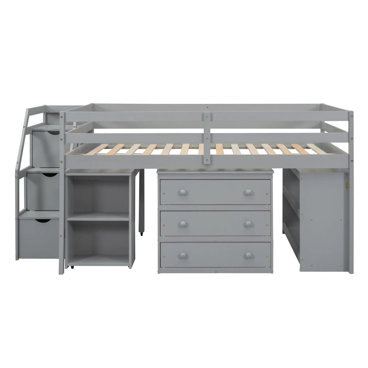 Loft Bed With Retractable Writing Desk And 3 Drawers With Storage Stairs And Shelves - Furniture Home Direct