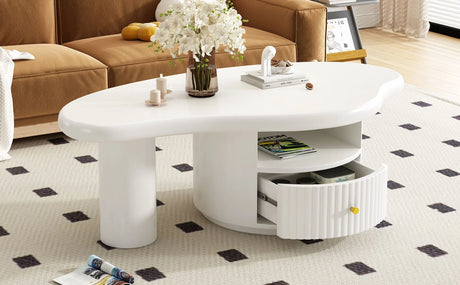 Cloud - Coffee Table, Irregular Shape Coffee Table With 1 Dreawer And Shelf For Living Room - White - Furniture Home Direct