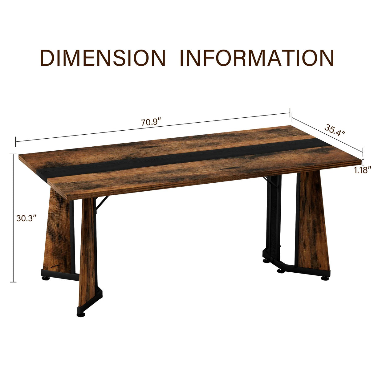 Rustic Rectangular Large Dining Table, Waterproof Desk For 8 People, & Steel With Adjustable Legs - Black / Rustic Brown - Furniture Home Direct