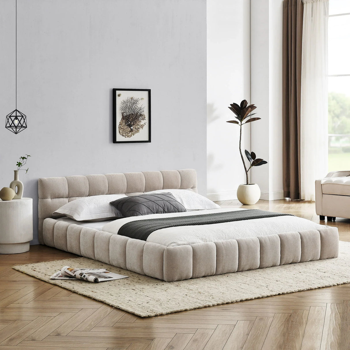 Modern Platform Bed Frame With Thick Chenille Fabric - Furniture Home Direct