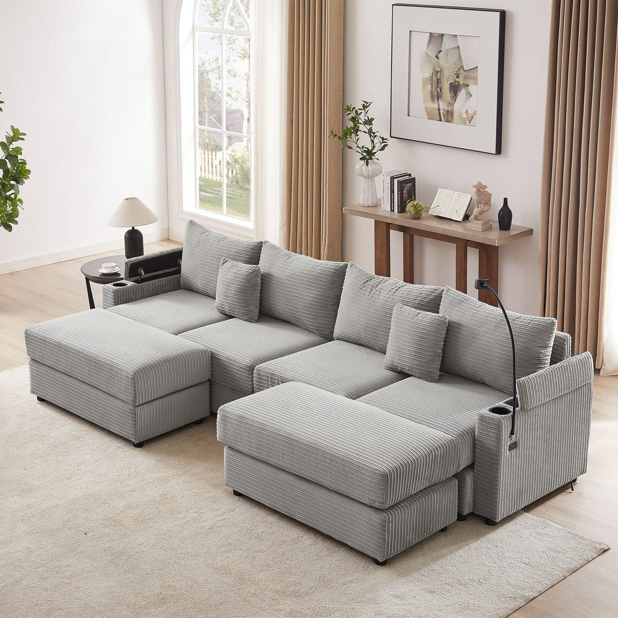 Modern Style Loveseat Sofa Sectional Sofa Couch With Storage Space, A Movable Ottoman, Two USB Ports, Two Cup Holders, A Phone Holder For Living Room - Furniture Home Direct
