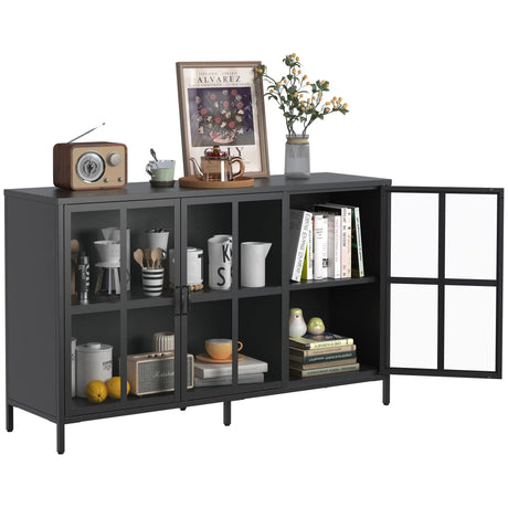 Modern Heavy Duty Metal Sideboard Buffet Cabinet With Storage, Adjustable Feet, Glass Doors, Steel - Black - Furniture Home Direct