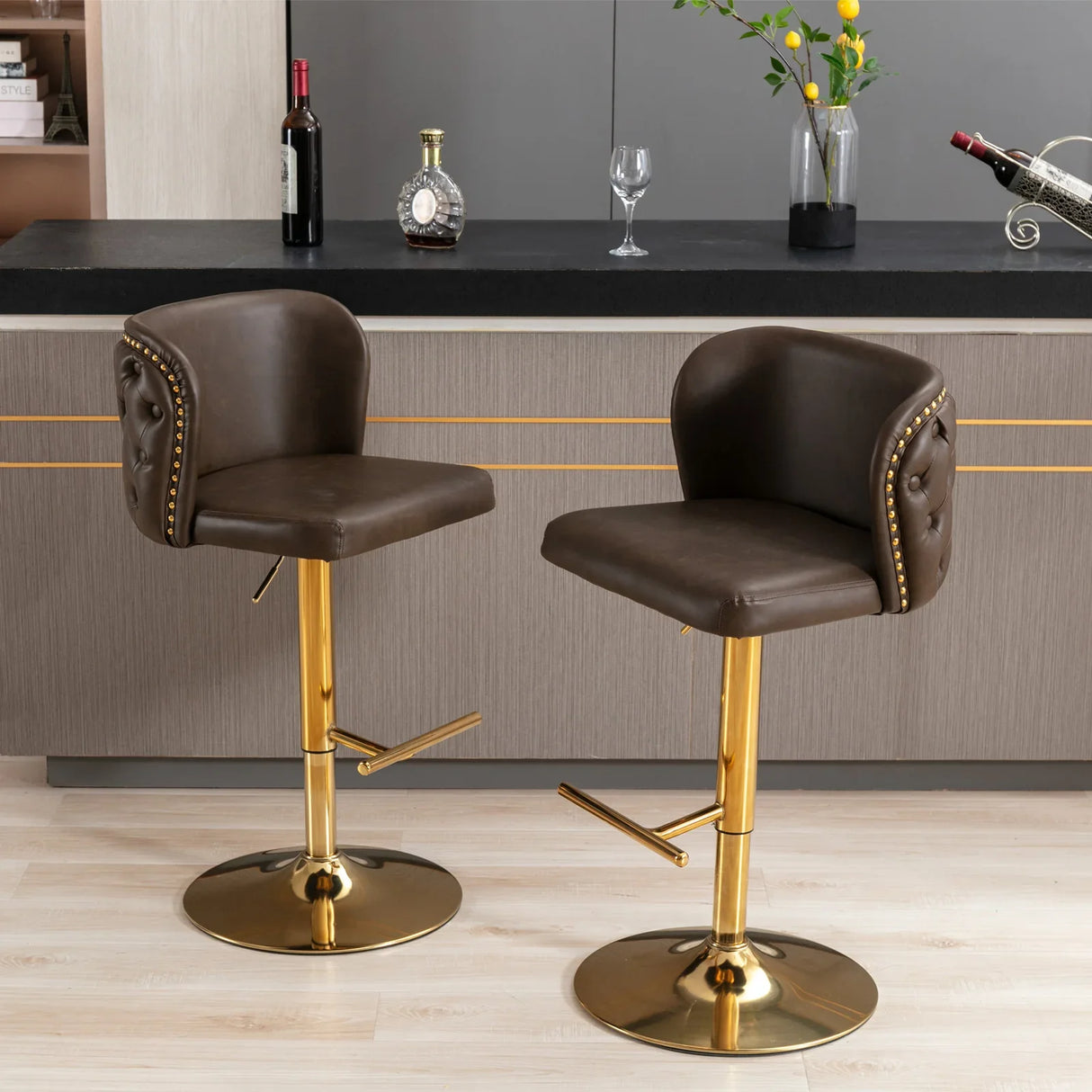 Bar Stools Swivel Tufted Faux Leather Set of 2 Brown - Furniture Home Direct