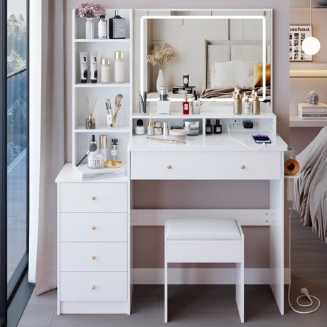 Vanity Desk With Cushioned Stool Mirror Makeup White - Furniture Home Direct