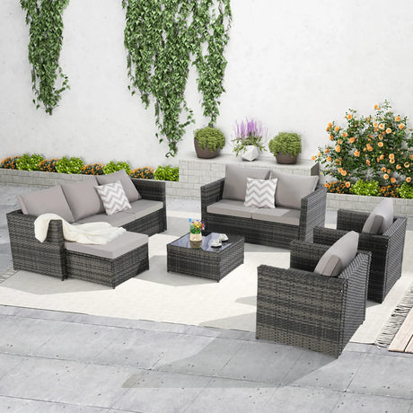 6 Piece Wicker Patio Set With Glass Table - Furniture Home Direct