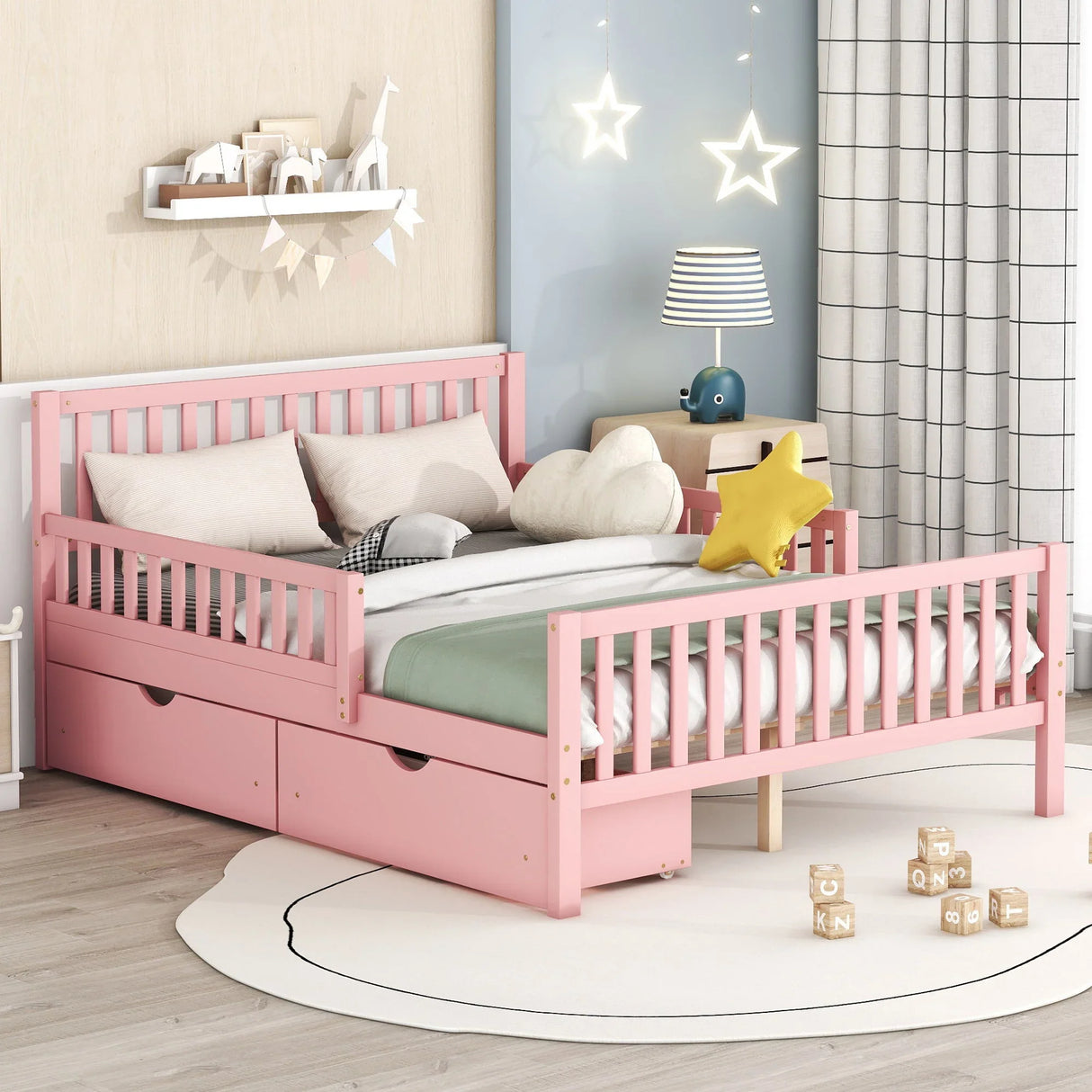 Platform Bed With Guardrails On Both Sides And 2 Storage Drawers - Furniture Home Direct