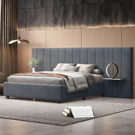 Queen Bed Upholstered Platform With Tall Headboard Gray - Furniture Home Direct