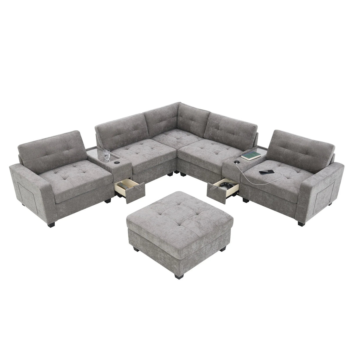 Sectional With Acrylic Table Top U Shaped Couch Set With 2 Consoles USB Charger, Storage Drawers And Pockets Movable Ottoman Tufted Sofa - Furniture Home Direct