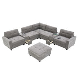 Sectional With Acrylic Table Top U Shaped Couch Set With 2 Consoles USB Charger, Storage Drawers And Pockets Movable Ottoman Tufted Sofa - Furniture Home Direct