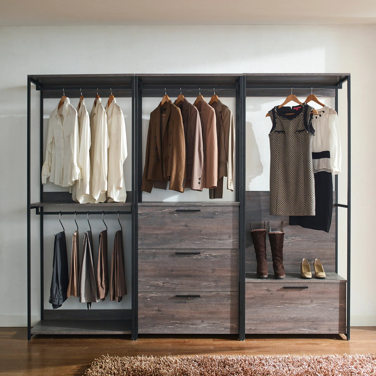 Closet System With Drawers Rods Industrial Frame Dark Brown - Furniture Home Direct