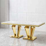 79.53 In. Elegant Marble Pattern Dining Table For 6 Or 8 Seats Polished Stainless Steel Base - Gold - Furniture Home Direct