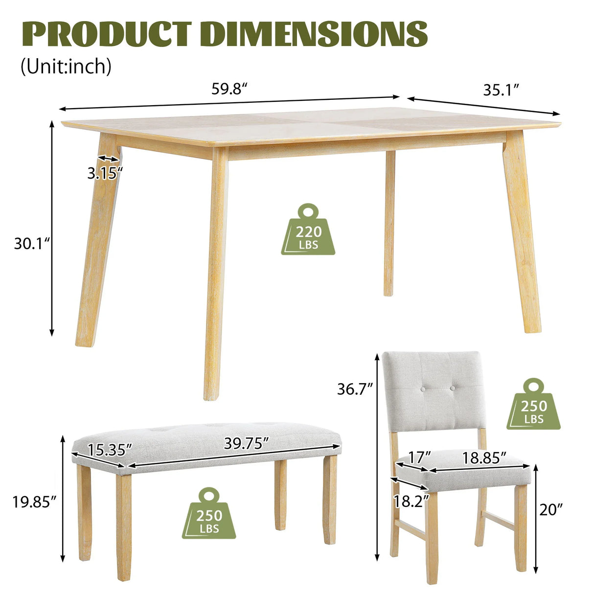 Rustic Farmhouse Dining Room Rectangular Table With 4 Upholstered Chairs And Bench - Furniture Home Direct