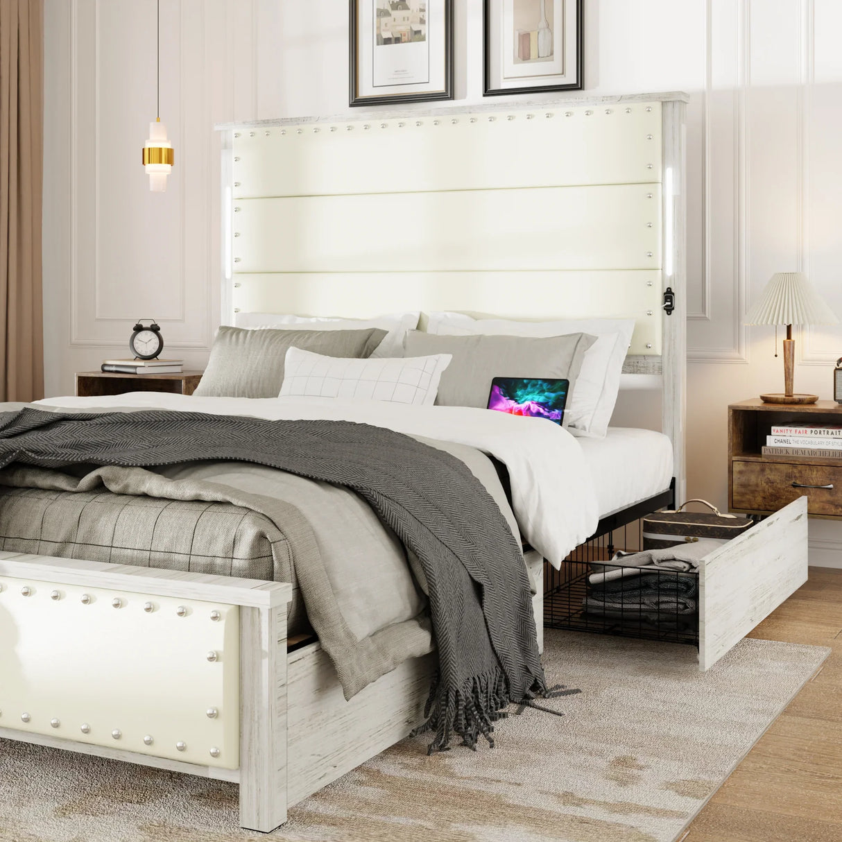 Queen Bed With Upholstered Headboard And Wood Frame Beige - Furniture Home Direct