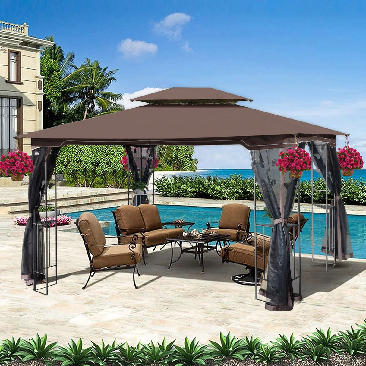 Patio Gazebo Tent With Ventilated Double Roof And Mosquito Net For Backyard Or Garden - Furniture Home Direct