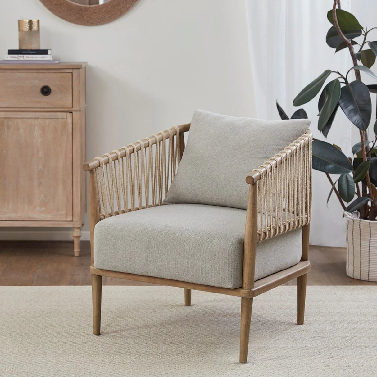 Arm Chair With Open Weave Jute Twine Rope Design - Natural - Furniture Home Direct