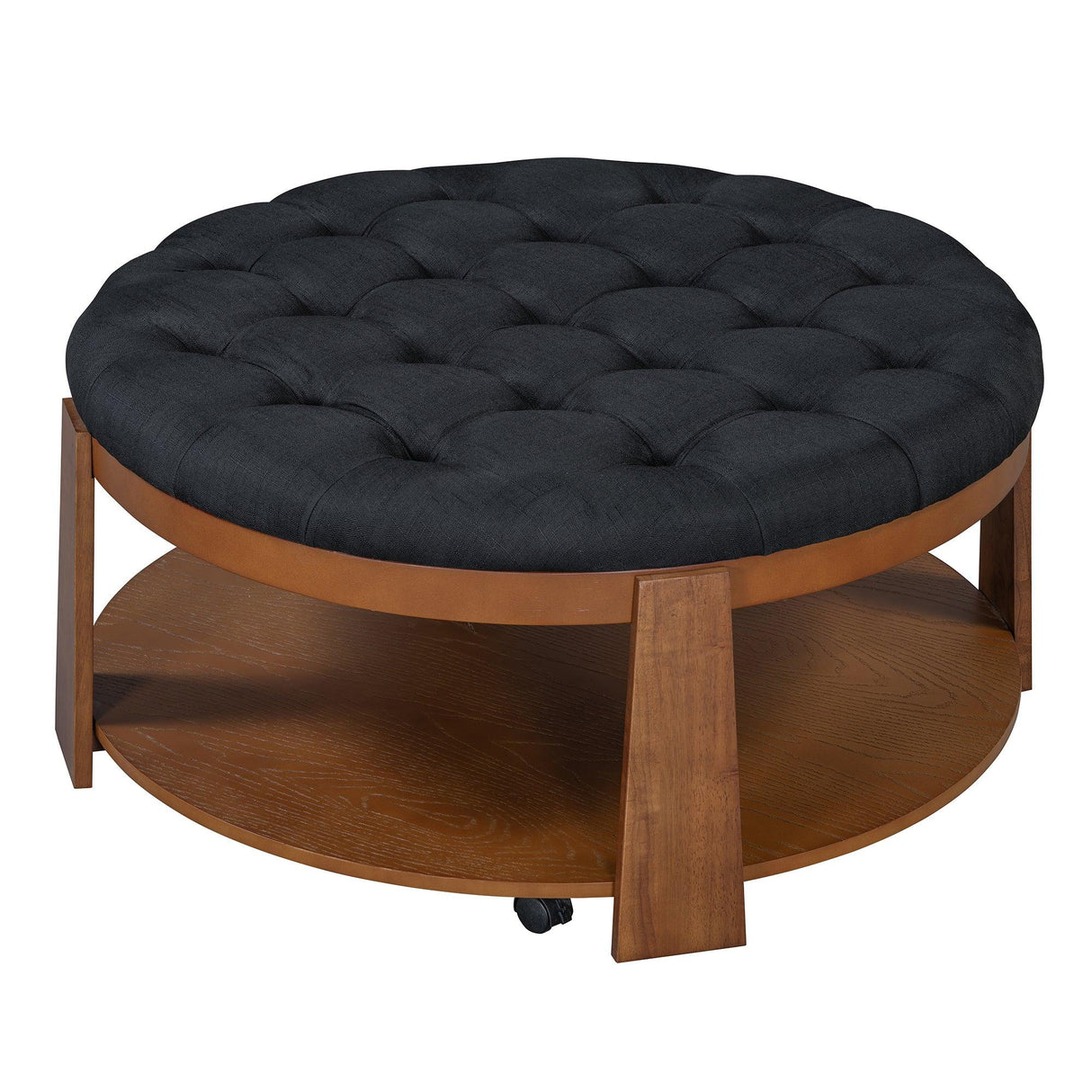Round Ottoman Coffee Table Oversized Tufted Wood Base Black - Furniture Home Direct