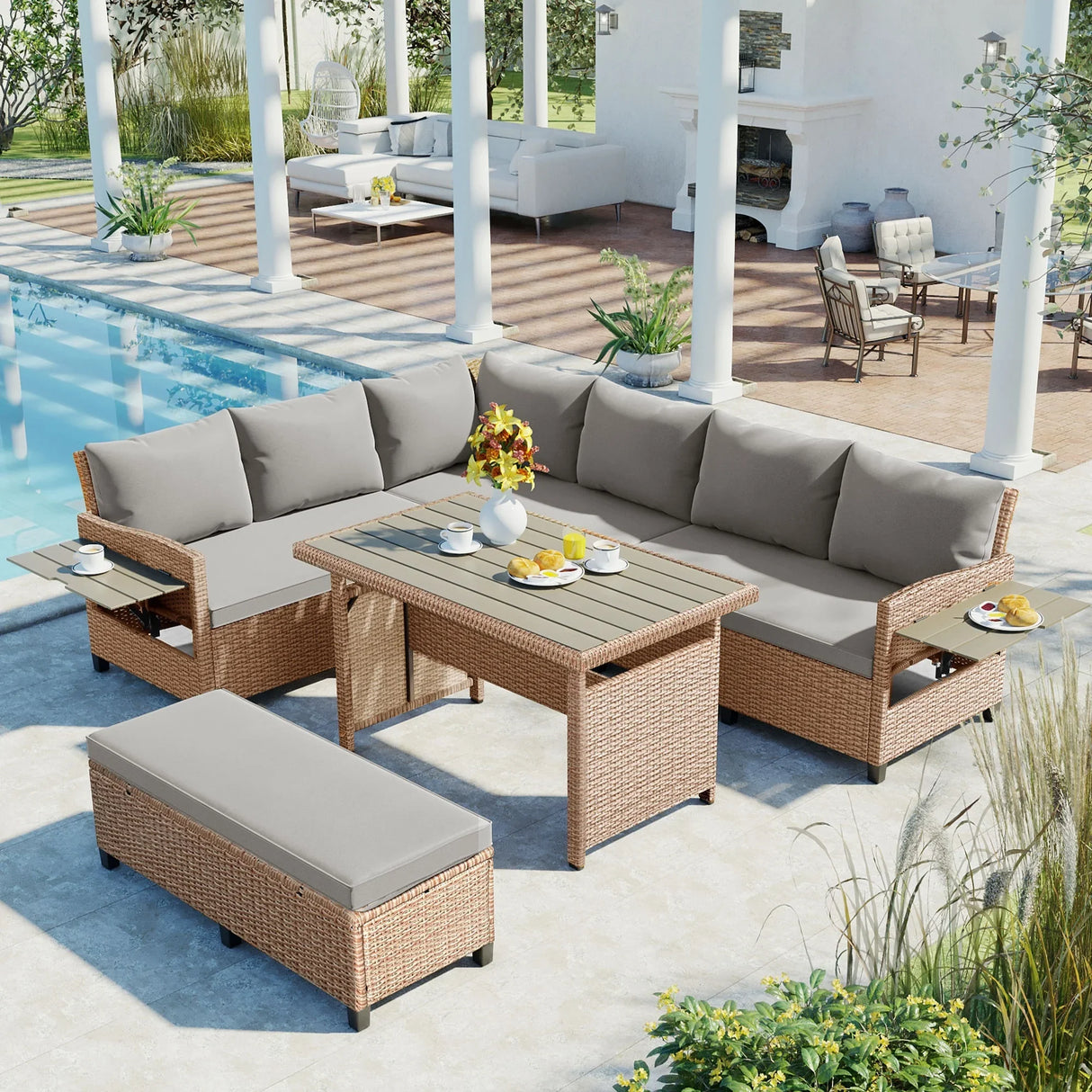 Outdoor Sectional with 2 Extendable Side Tables and Washable Covers - Brown - Furniture Home Direct