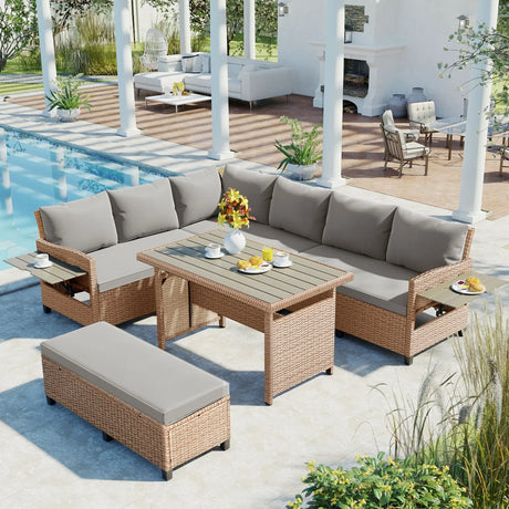 Outdoor Sectional with 2 Extendable Side Tables and Washable Covers - Brown - Furniture Home Direct