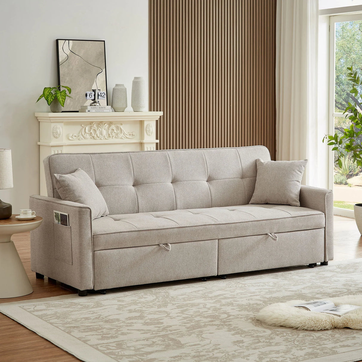 3 In 1 Convertible Sleeper Sofa Bed, Reclining Backrest, Pillows, Pockets - Furniture Home Direct