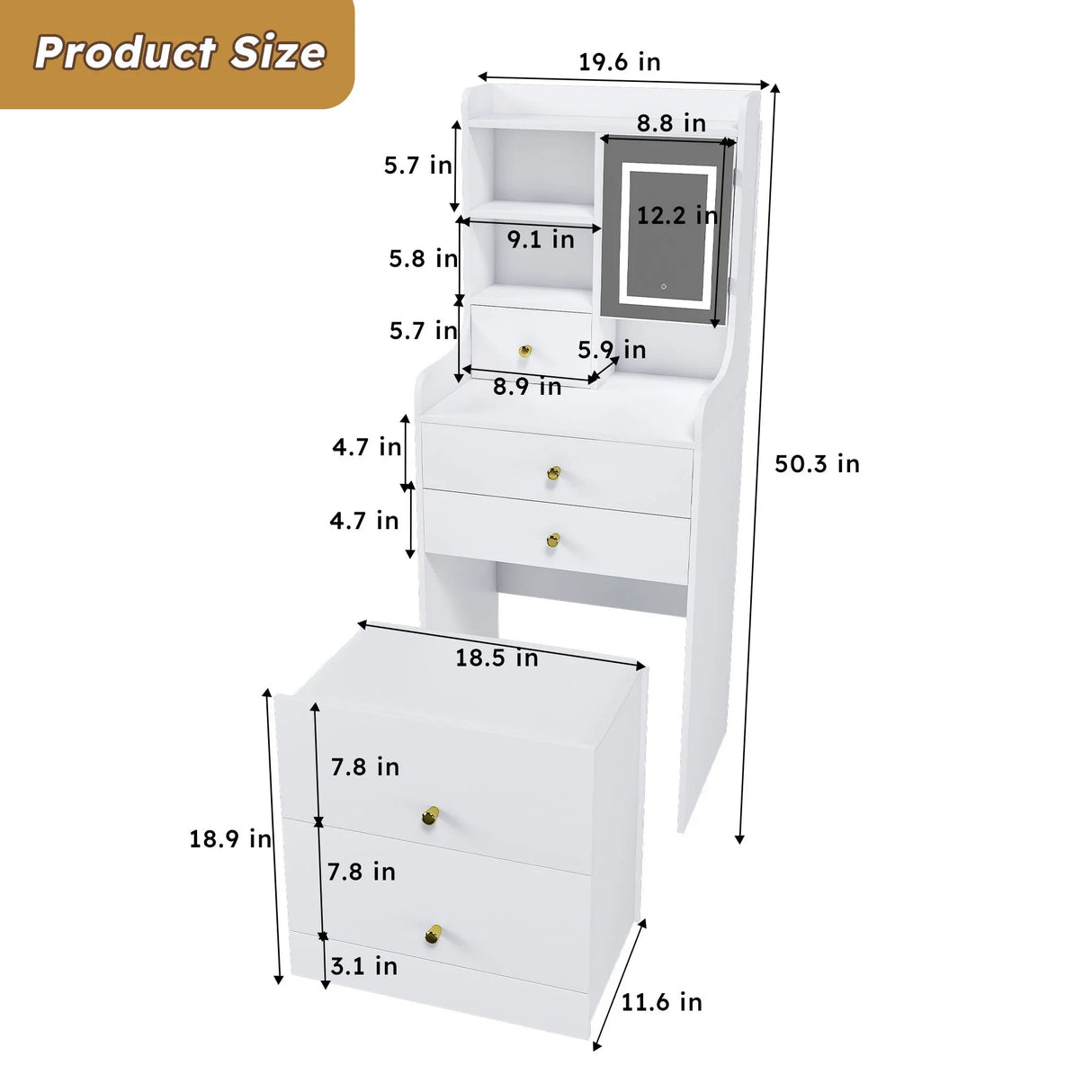 3 In 1 Dressing Table With LED Mirror & Storage Stool, Compact Makeup Vanity - White - Furniture Home Direct