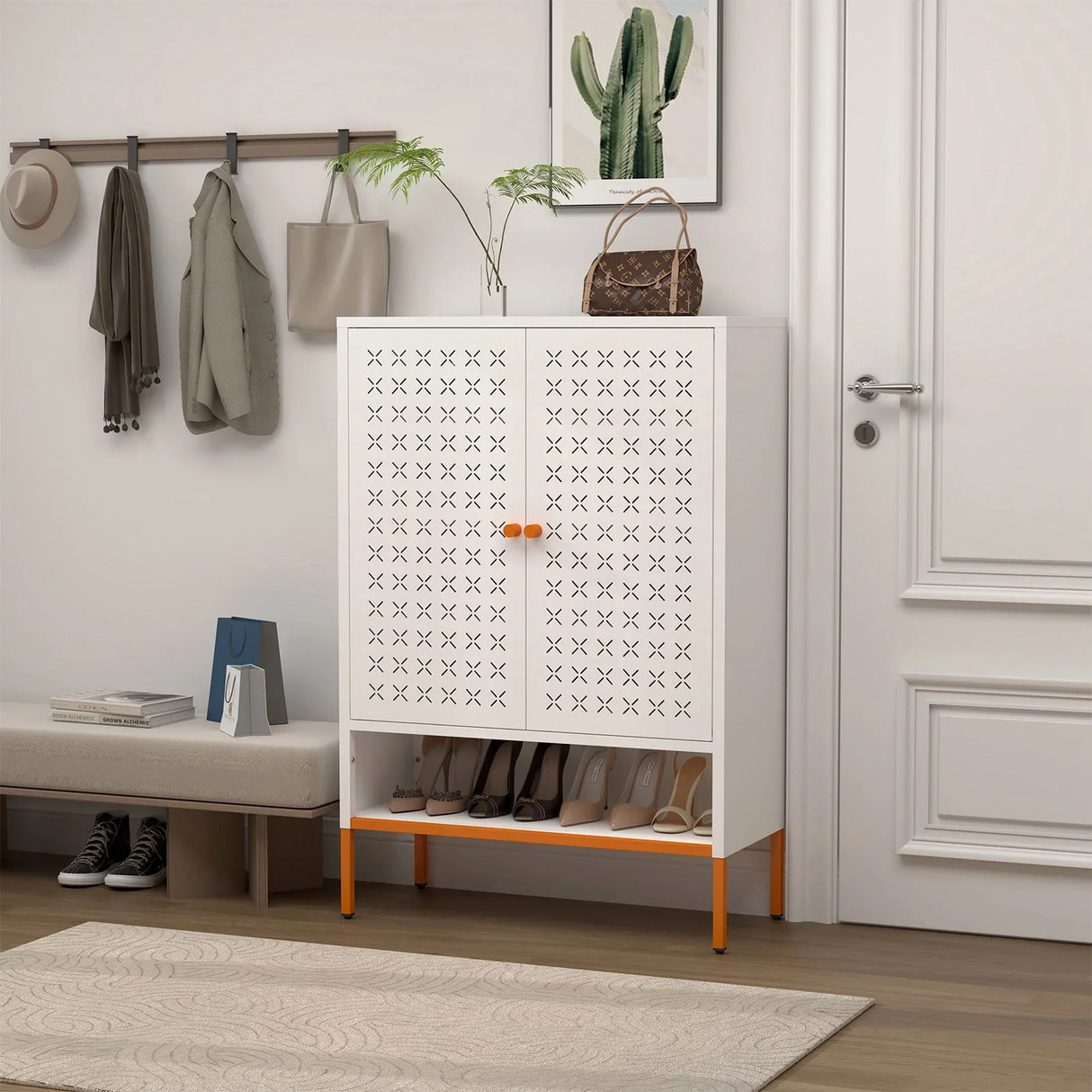 Grid Double Door Shoe Cabinet With Adjustable Compartments And Moisture-Proof Design In White Metal - Furniture Home Direct