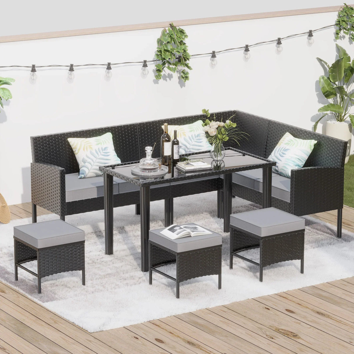 7 Piece Outdoor Furniture Set Waterproof Cushions Glass Table - Furniture Home Direct