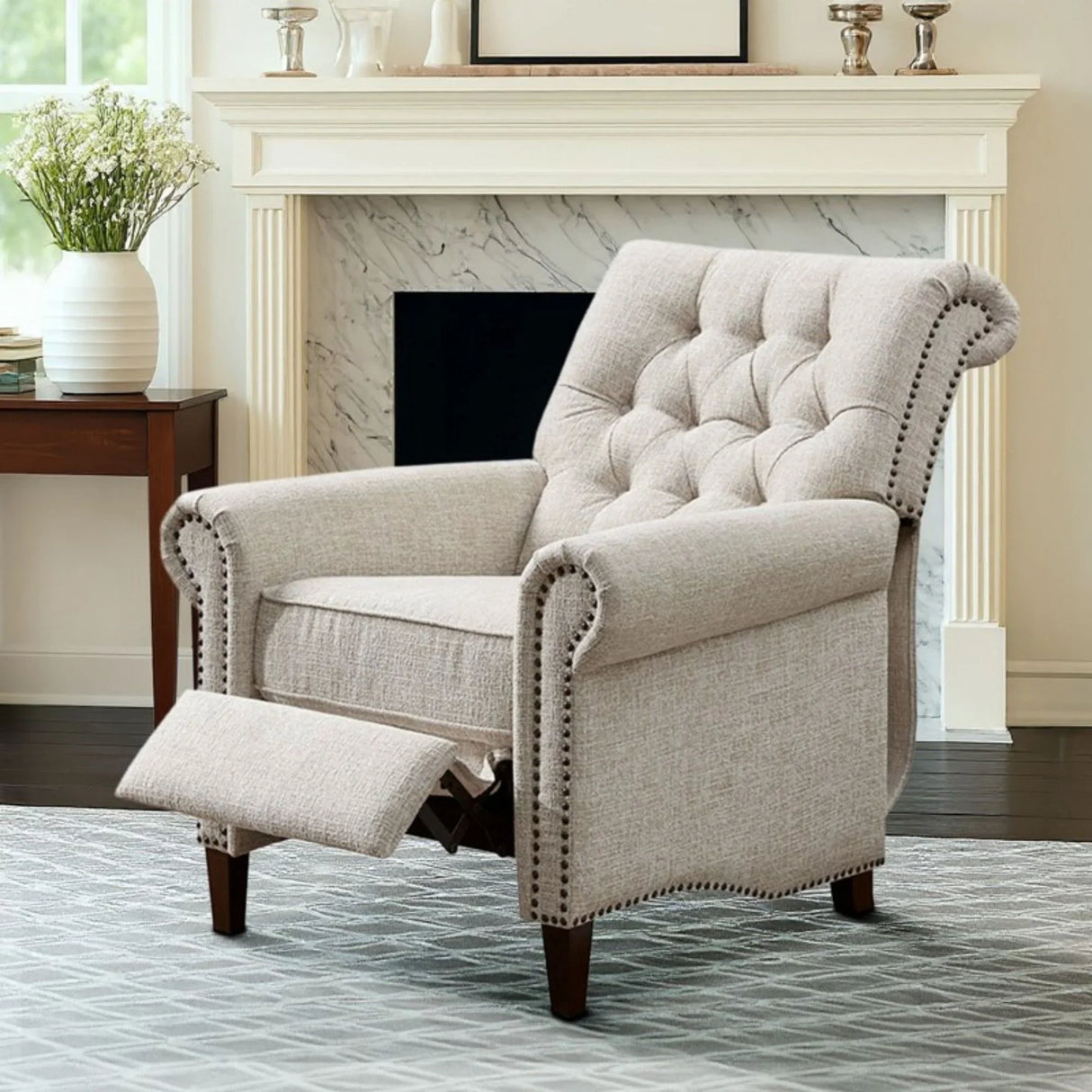 Aidan - Push Back Recliner Chair With Tufted Back And Nailhead Trim - Cream - Furniture Home Direct