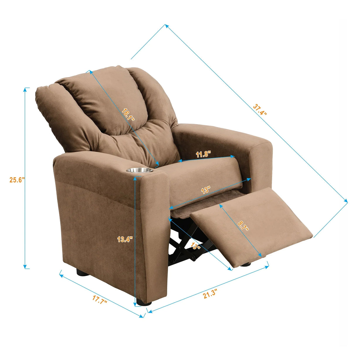 Kids Recliner Chair, Kids Upholstered Couch With One Cup Holder, Toddlers Recliner With Headrest And Footrest - Brown - Furniture Home Direct