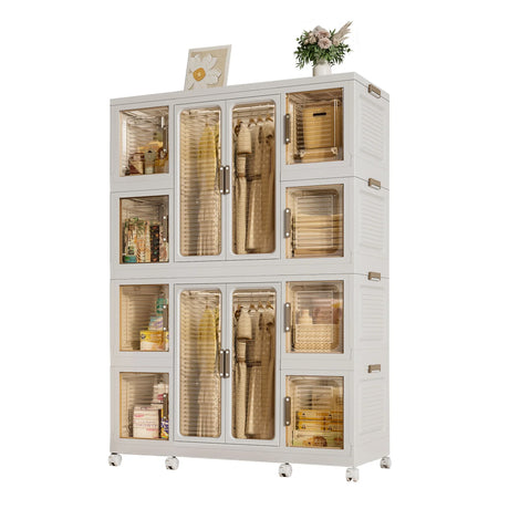 Portable Wardrobe Closet Storage Organizer For Clothes With Magnetic Doors, 12 Cubes & 2 Hanging Rods - White - Furniture Home Direct