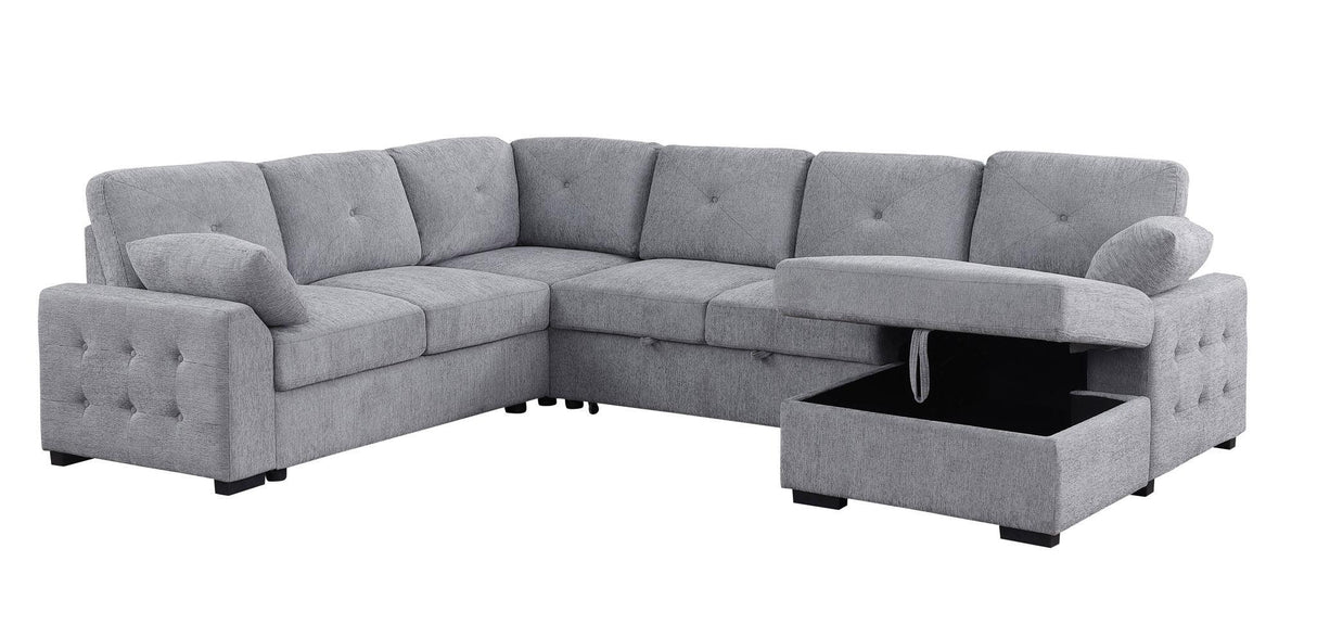 Nyhan - Upholstered Corner Sectional With Pull Out Loveseat And Storaged Chaise - Light Gray - Furniture Home Direct