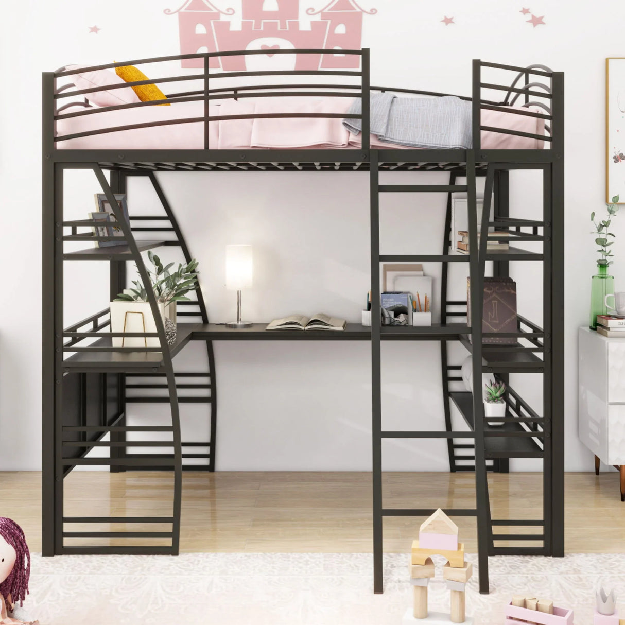Loft Bed With 4 Layers Of Shelves And L-Shaped Desk, Stylish Metal Frame Bed With A Set Of Sockets, USB Ports And And Wireless Charging - Furniture Home Direct