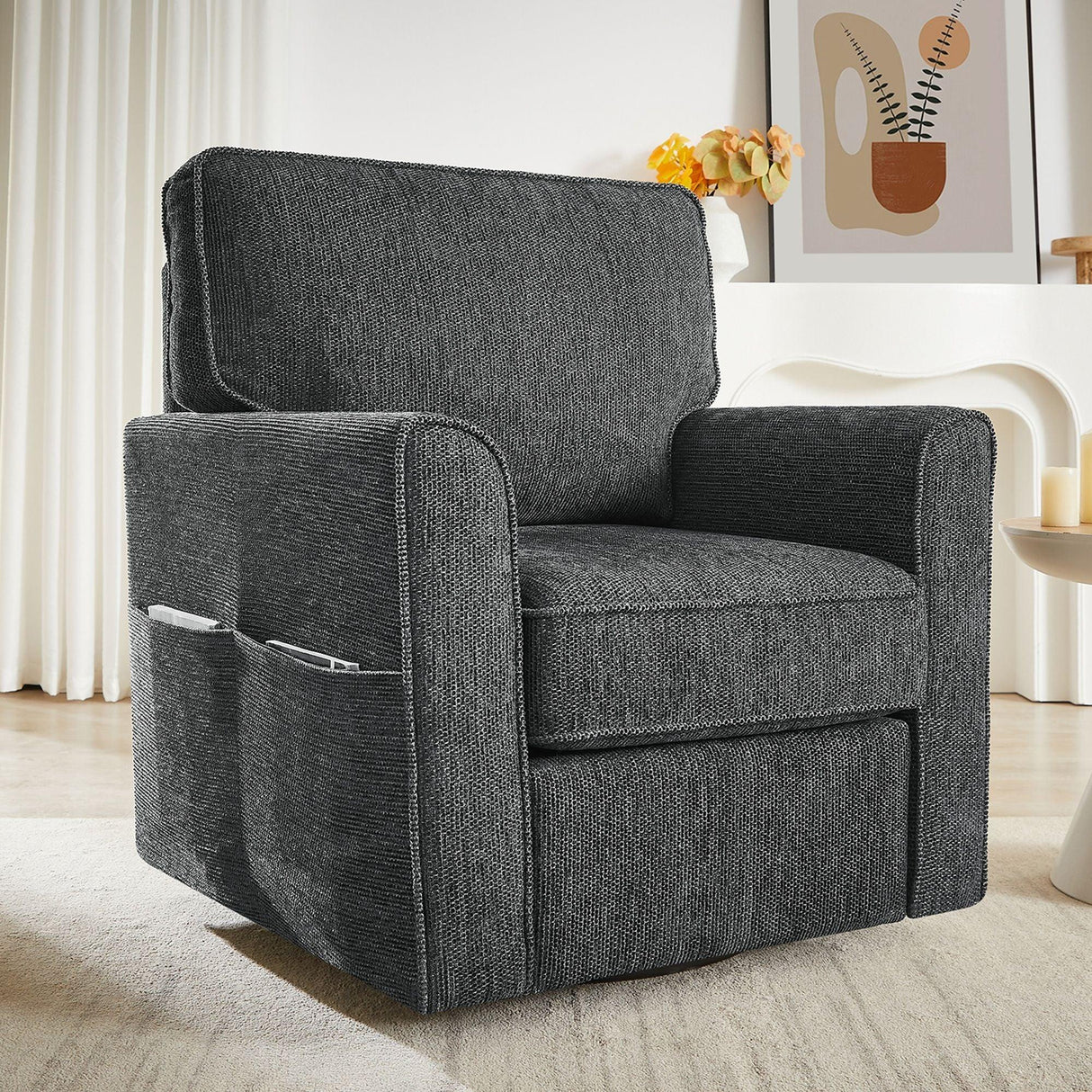360° Swivel Accent Barrel Armchair With Side Pockets, Compact Design - Furniture Home Direct