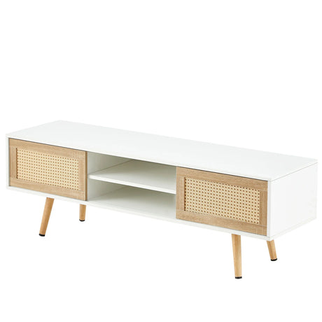 55.12" Rattan TV Cabinet, Double Sliding Doors For Storage, Adjustable Shelf, Solid Wood Legs, TV Console For Living Room - Furniture Home Direct