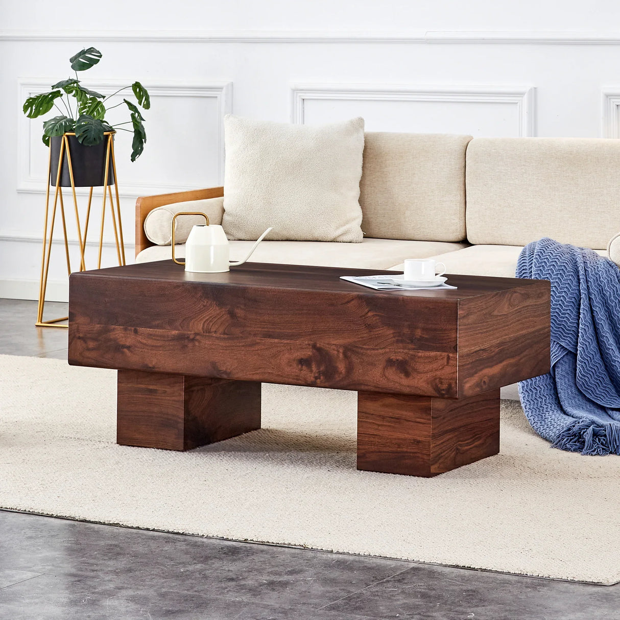 Coffee Table Solid Wood Long Rectangular Dark Walnut - Furniture Home Direct