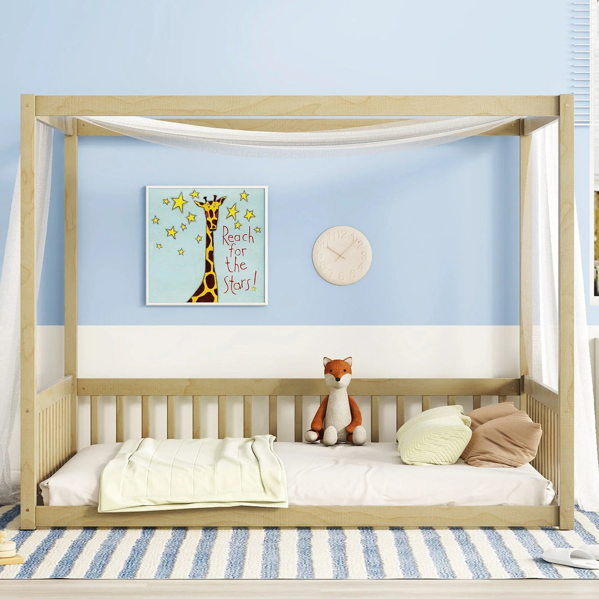 Canopy Frame Floor Bed With Fence, Guardrails - Furniture Home Direct