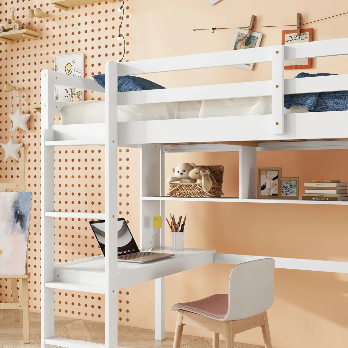 Loft Bed With Desk And Shelves, Safety Guardrail And Ladder - Furniture Home Direct