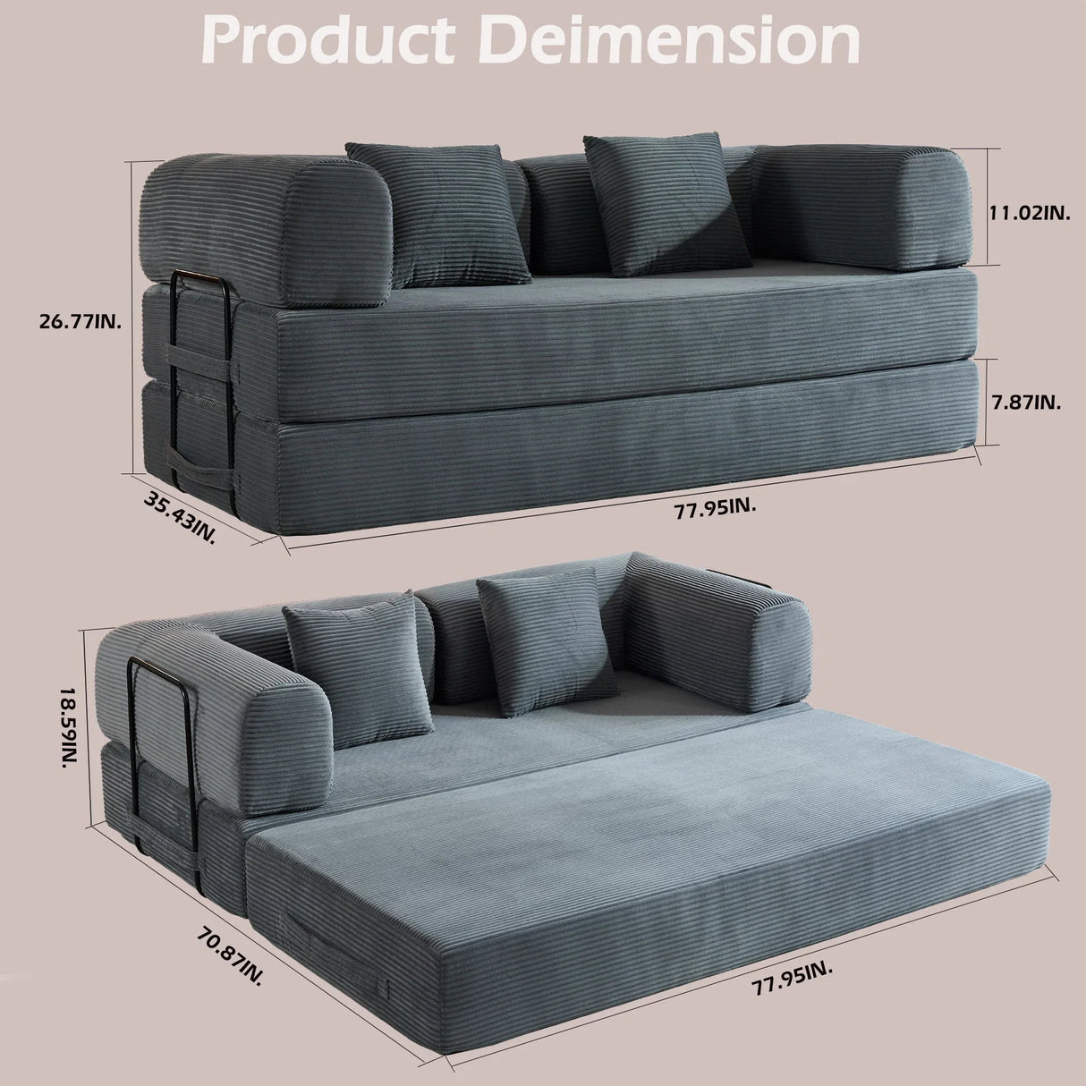 Convertible Sleeper Sofa Bed With Cylindrical Pillow, With Fixed Shape Frame - Furniture Home Direct