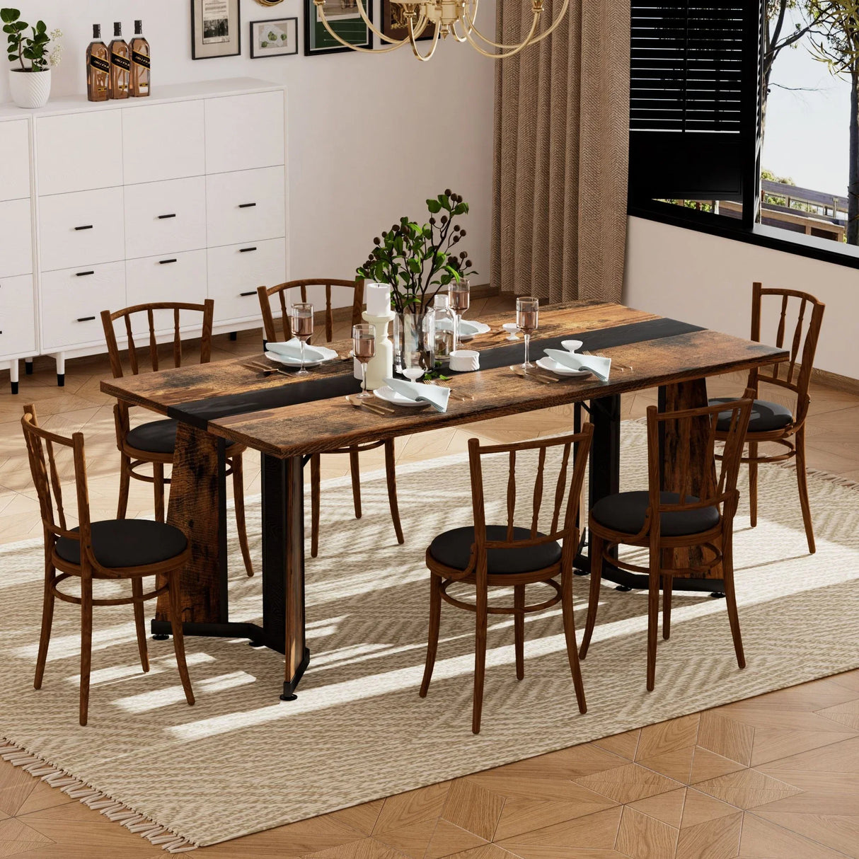 Rustic Rectangular Large Dining Table, Waterproof Desk For 8 People, & Steel With Adjustable Legs - Black / Rustic Brown - Furniture Home Direct