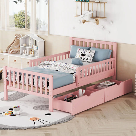 Platform Bed With Guardrails On Both Sides And 2 Storage Drawers - Furniture Home Direct