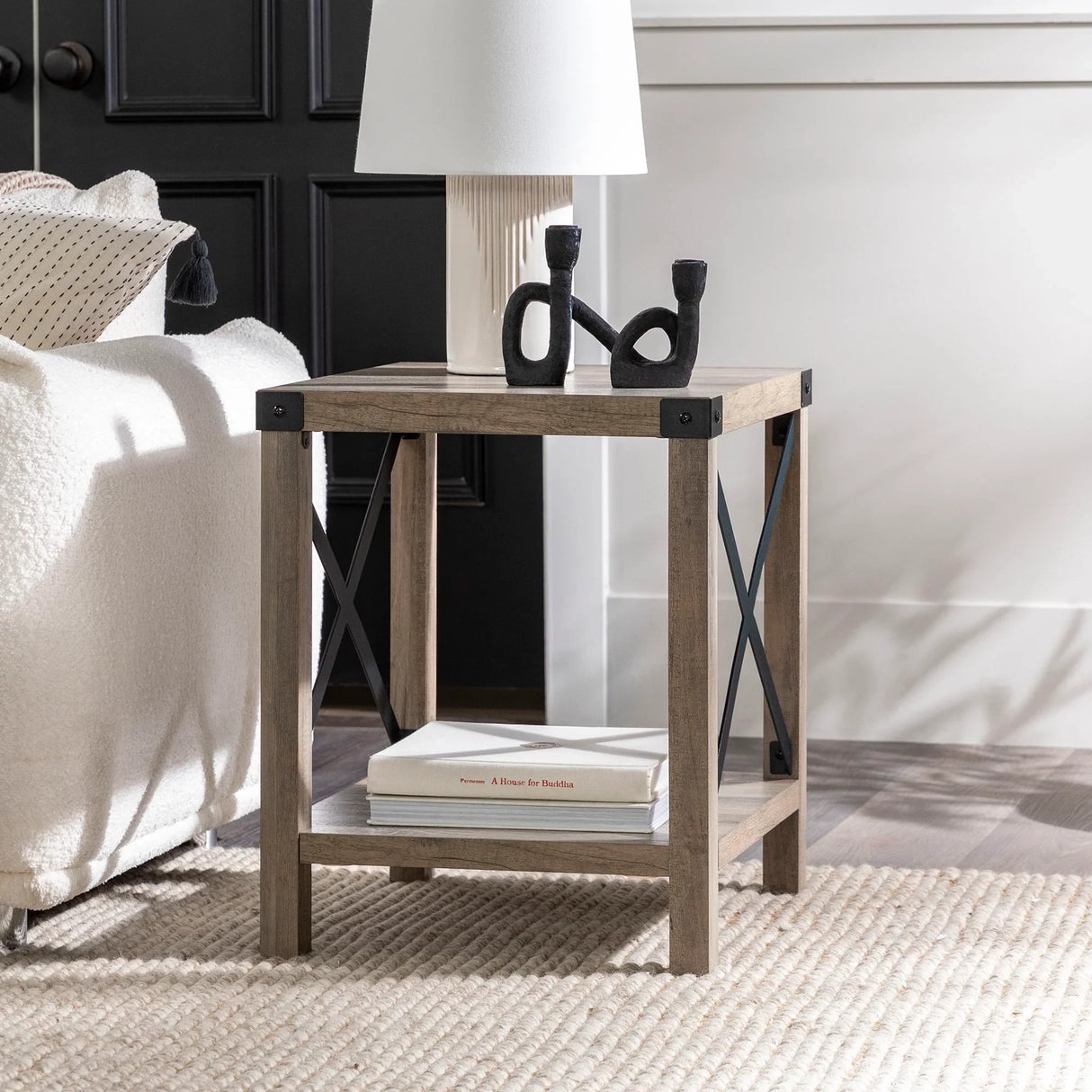 Rustic Industrial X 2 Tier Side Table - Gray Wash - Furniture Home Direct