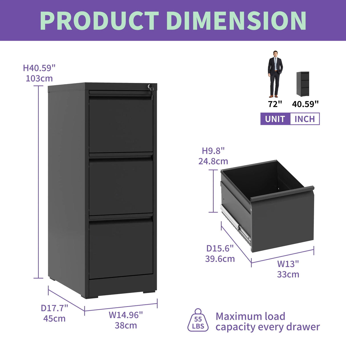 Steel Drawer Vertical File Cabinet With Lock For A4 Legal / Letter Size - Furniture Home Direct