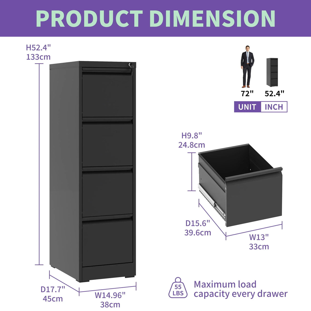 Steel Drawer Vertical File Cabinet With Lock For A4 Legal / Letter Size - Furniture Home Direct