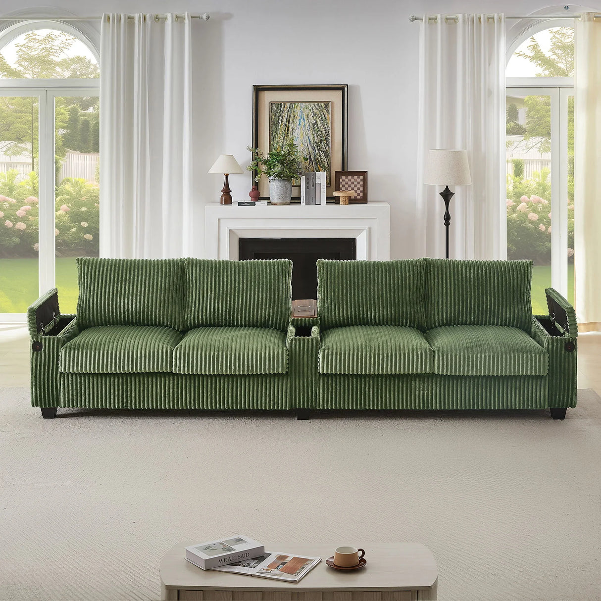 Modern 4 Seater Corduroy Sofa Couch With USB Ports And Hidden Storage - Furniture Home Direct