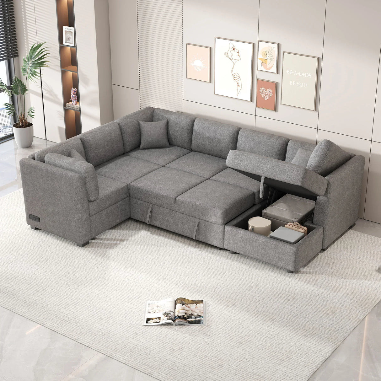 U-Shaped Sectional Sofa Pull Out Sofa Bed With Two USB Ports, Two Power Sockets, Three Back Pillows And A Storage Chaise For Living Room - Furniture Home Direct