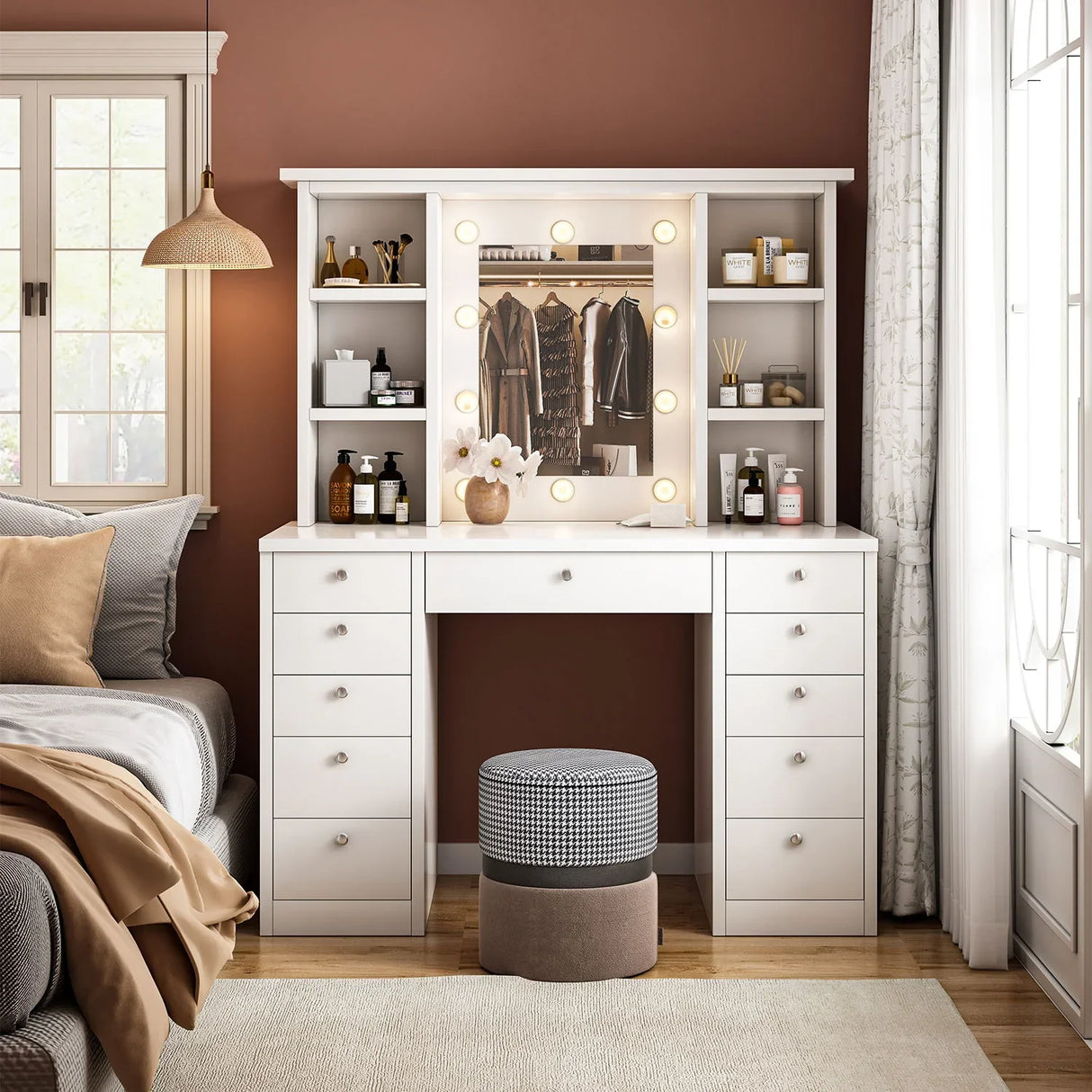 Vanity Desk With LED Lighted Mirror, Makeup Vanity With 11 Drawers, Adjustable Lighting - White - Furniture Home Direct