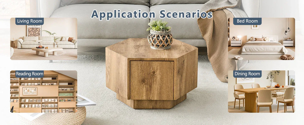 Coffee Table Hexagonal Drawer Unit Sleek Natural Wood - Furniture Home Direct