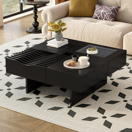 Coffee Table Mid Century Modern Wood Slotted Surface Black - Furniture Home Direct