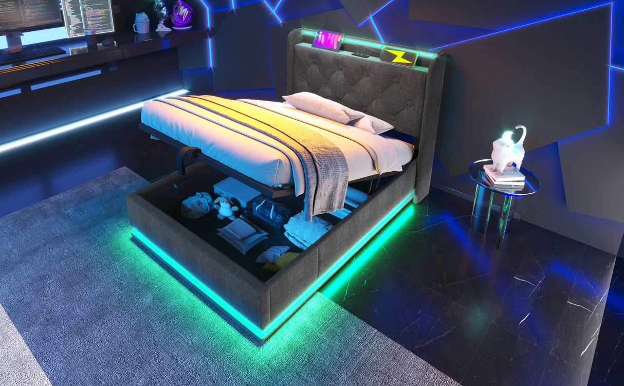 Twin Upholstered Bed 360 Surround LED Lighting USB C Gray - Furniture Home Direct