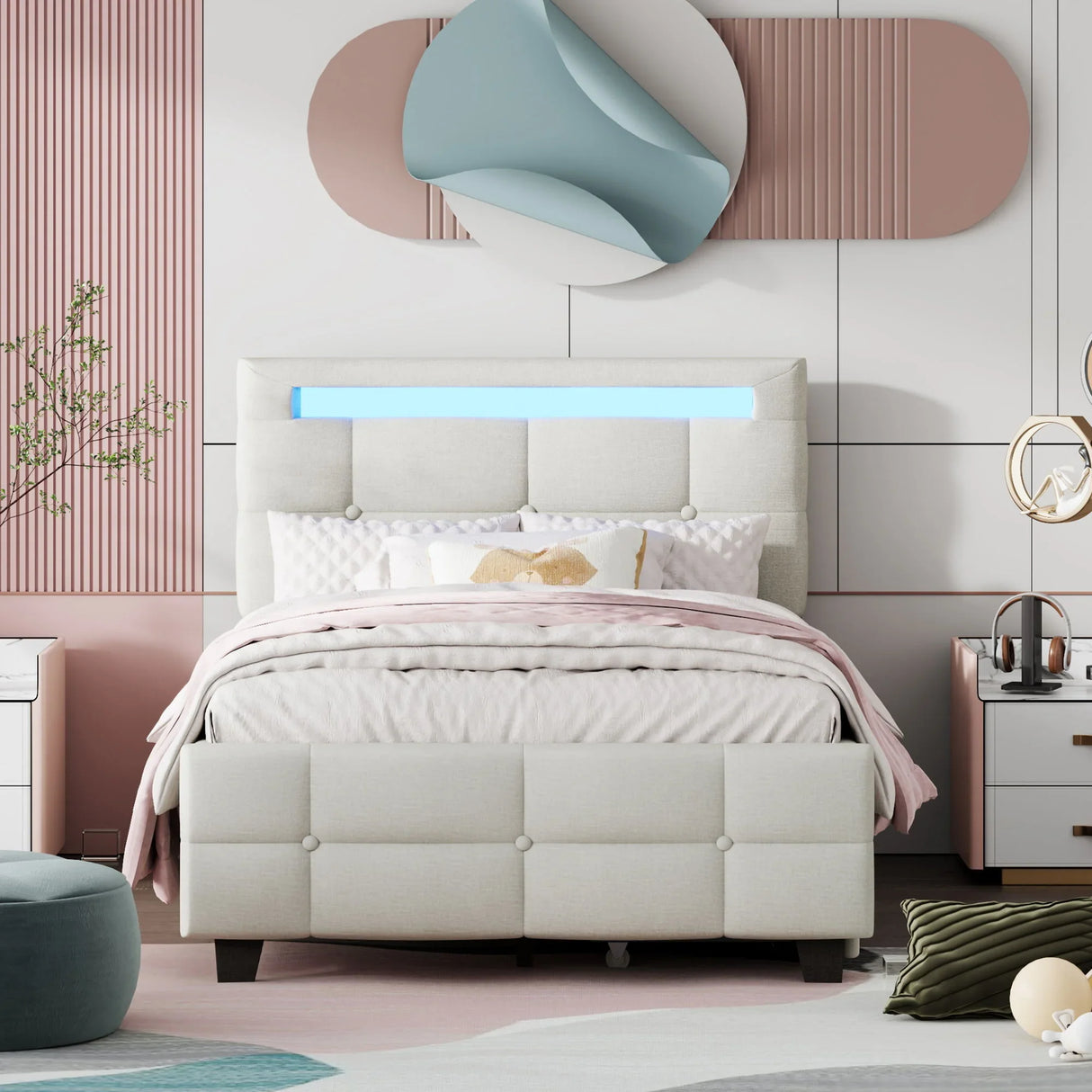 Upholstered Platform Bed With LED Frame, With Trundle And 2 Drawers - Furniture Home Direct