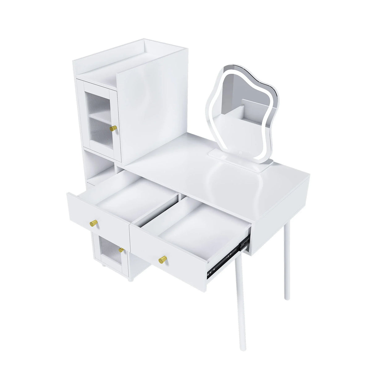 Vanity Dressing Table With LED Mirror & Storage Makeup Desk With 3 Drawers, 2 Open Shelves & 4 Hidden Cabinets - White - Furniture Home Direct